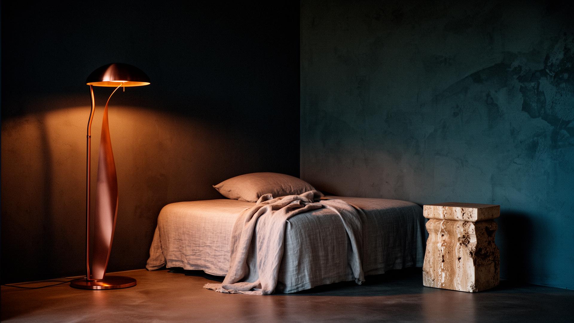 Boutique hotel interior with copper light and travertine
